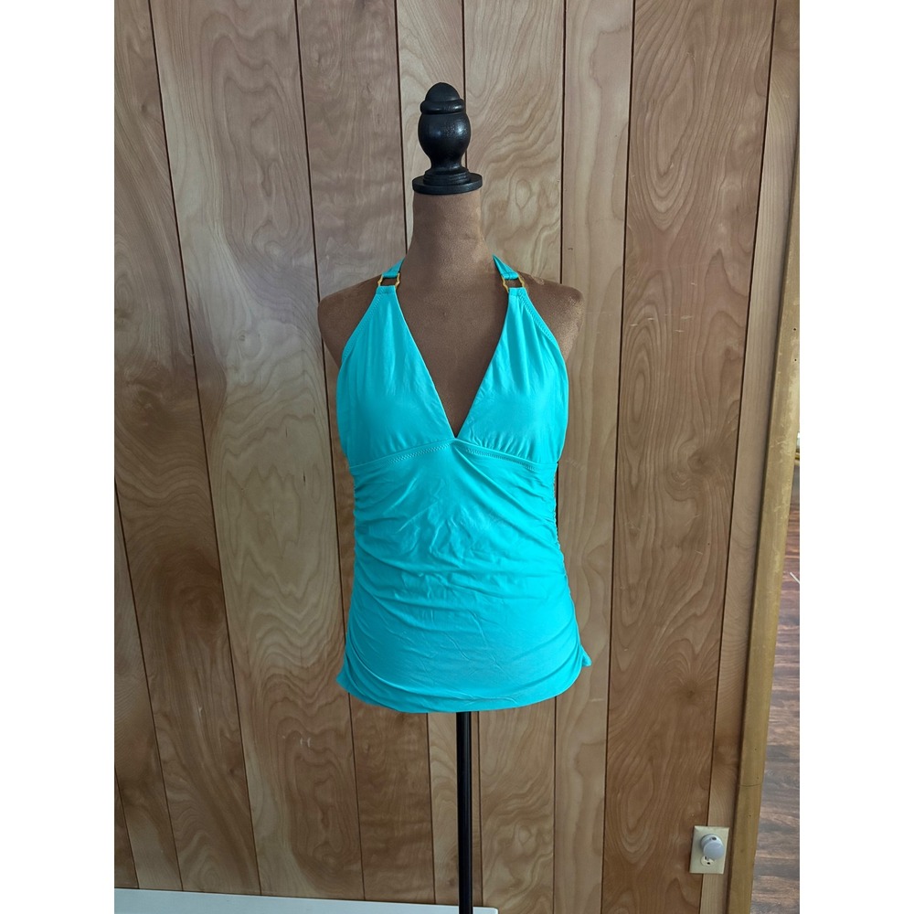 Helen Jon Turquoise Blue Halter Tankini Top Gold Hardware Ruched Womens Large